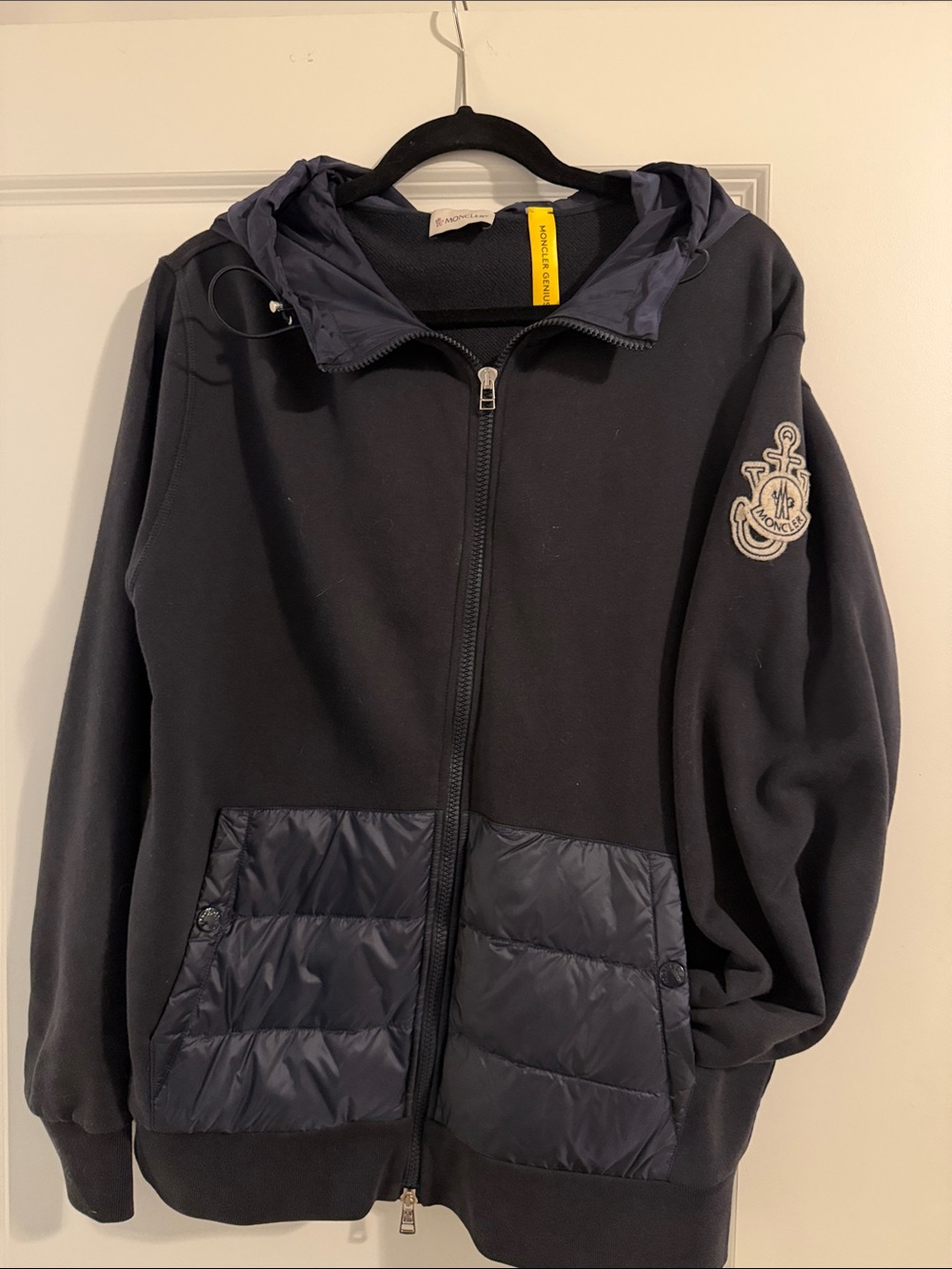 Moncler Maglia Dark Blue Hooded Zip Jacket with Quilted Pockets